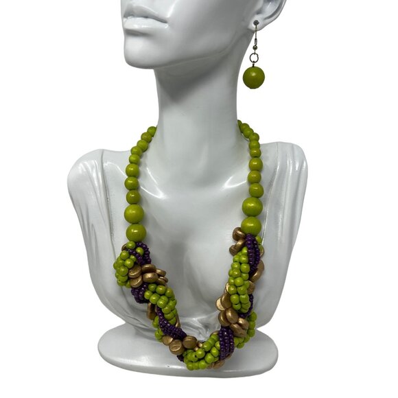 Boho Necklace Earrings Set Wood Green Purple Wood Drop Dangle Pierced - Picture 1 of 7